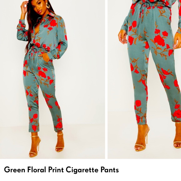 Pants - Floral cigarette pant matching blouse set